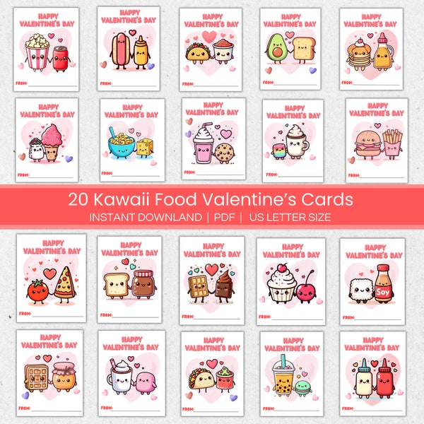 Printable Valentines Cards for Kids, Kawaii Food Valentine's Day Cards, Pink Pastel Classmate Valentines, Children Friendship Valentines