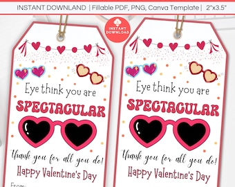 Sunglasses Valentine Tag Editable, Heart Sunglasses Gift Tag Printable, Kid Classroom Non-Candy Treat Tag, You Are Spectacular Party Favor
