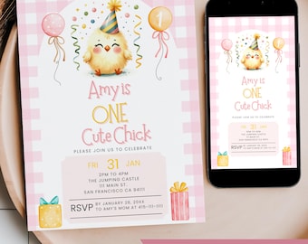 One Cute Chick First Birthday Invitation, Girl Pink Gingham Farm Animal Chicken Theme One Year Old Mobile Phone Text Digital Party Invite