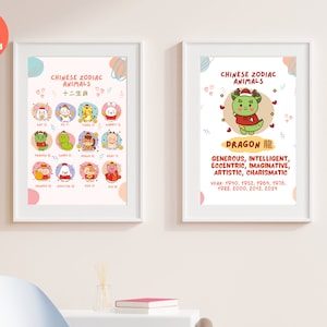 12 Chinese Zodiac Animals Signs and Year of Dragon, Set of 2 Adorable Colorful Printable Wall Art Wall Decor for Children&#39;s Rooms Baby Gift
