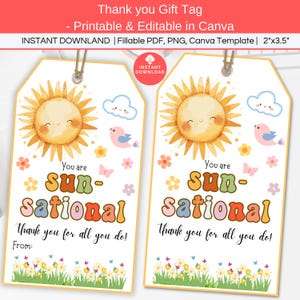 Etiqueta de regalo "Eres un sol sensacional" editable e imprimible, etiqueta de agradecimiento para enfermeras y maestros, etiqueta de agradecimiento de verano, etiquetas de recuerdo de fin de año escolar para el aula.