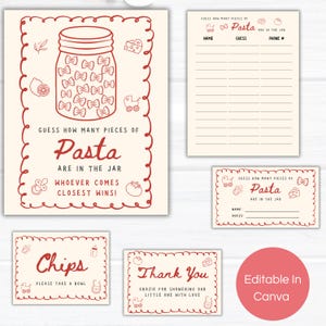 Op de afbeelding: Een set van crèmekleurige papieren kaarten en bordjes met rode lijntekeningen van een pot met strikjespasta, baby-iconen en tekst zoals Guess How Many Pieces of Pasta Are in the Jar, Chips en Thank You, met een rode cirkel met de tekst Editable In Canva.