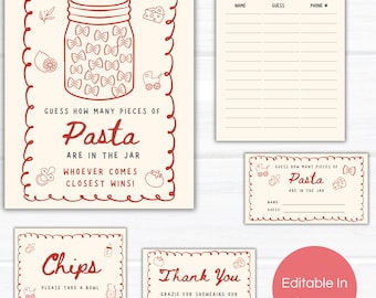 Guess How Many Pasta In The Jar Baby Shower Game Sign Kit Editable, Answer Card, Tracking Sheet, Doodle Italian Food Label Thank You Card