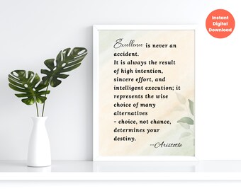 Excellence by Aristotle Motivational Quote Printable Wall Art for Office and Home, Downloadable Inspirational Softness Greenery Print