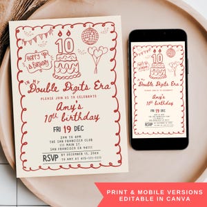 Puede incluir: Una invitación de cumpleaños con fondo crema y detalles rojos. La invitación presenta el texto "In My Double Digits Era" y "Amy's 10th birthday". El diseño incluye una tarta, globos y una bola de discoteca. Un smartphone muestra la misma invitación.