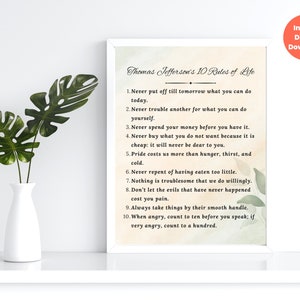 Thomas Jefferson’s 10 Rules of Life Printable Quote Motivational Wall Art, Inspirational Downloadable Digital, Greenery Softness Print