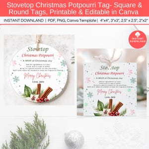 Op de afbeelding: Printbare kerstpotpourri-etiketten in ronde en vierkante vormen. De etiketten hebben een witte achtergrond met sneeuwvlokken, groen en kaneelstokjes. De tekst op de etiketten luidt "Stovetop Christmas Potpourri - A Whiff of Christmas Joy".