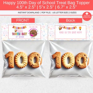 Topper de sac à friandises Happy 100e jour d'école imprimable, 100 jours plus intelligent, un cookie intelligent, étiquette de sac à collation, étiquette de sac cadeaux pour les élèves de la classe