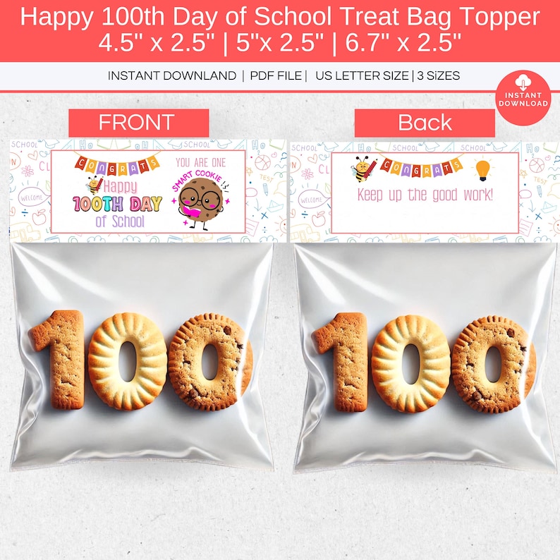 Happy 100th Day of School Treat Bag Topper Printable, 100 Days Smarter, One Smart Cookie, Snack Bag Tag, Classroom Student Goodie Bag Label