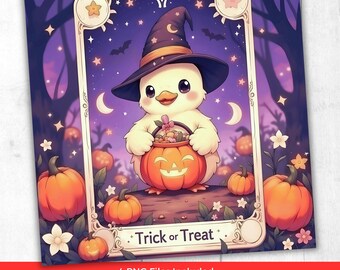 May include: A digital illustration featuring a cute duckling wearing a witch hat and holding a jack-o'-lantern basket. The scene includes pumpkins, stars, and the text "Trick or Treat" on a purple background, perfect for Halloween.
