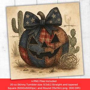 Könnte beinhalten: Aquarellillustration eines Patchwork-Kürbisses mit einem lächelnden Jack-o'-Lantern-Gesicht und einer mit Sternen verzierten Schleife. Der Kürbis befindet sich vor einer Wüstenkulisse mit Kakteen und Stacheldraht. Der Text "4 PNG Files Included" ist enthalten.