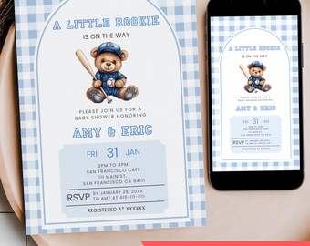 Baseball Bear Baby Shower Invite, Editable Little Rookie is On the Way Sports Bear Invitation For Boy, Mobile Phone Text Digital Party