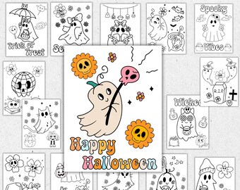 レトロでグルーヴィーなハロウィンぬりえ、大胆で簡単なかわいいお化けぬりえ、子供と大人向け、不気味なぬりえ
