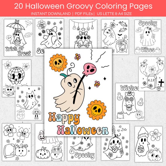 Retro Groovy Halloween Coloring Pages Printable, Bold and Easy Cute and Kawaii Ghost Coloring Pages for Kids & Adult, Spooky Coloring Pages