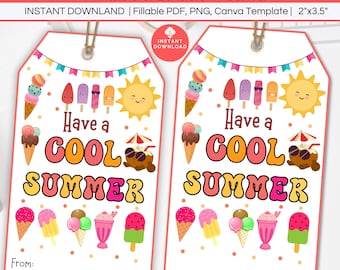 May include: Two white gift tags with a summer theme. Each tag features colorful illustrations of ice cream, popsicles, and a smiling sun. The text "Have a COOL SUMMER" is prominently displayed. The tags measure 2" x 3.5".
