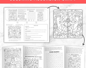 Samson Strength Temple Bible Story Craft Printable, Christian Kid Folding Accordion Coloring Sheet, Sunday School Church Homeschool Activity