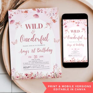 Wild and Onederful First Birthday Invitation, Pink Watercolor Wild Flower Floral Garden Party, Mobile Phone Girl 1st Birthday Text Invite