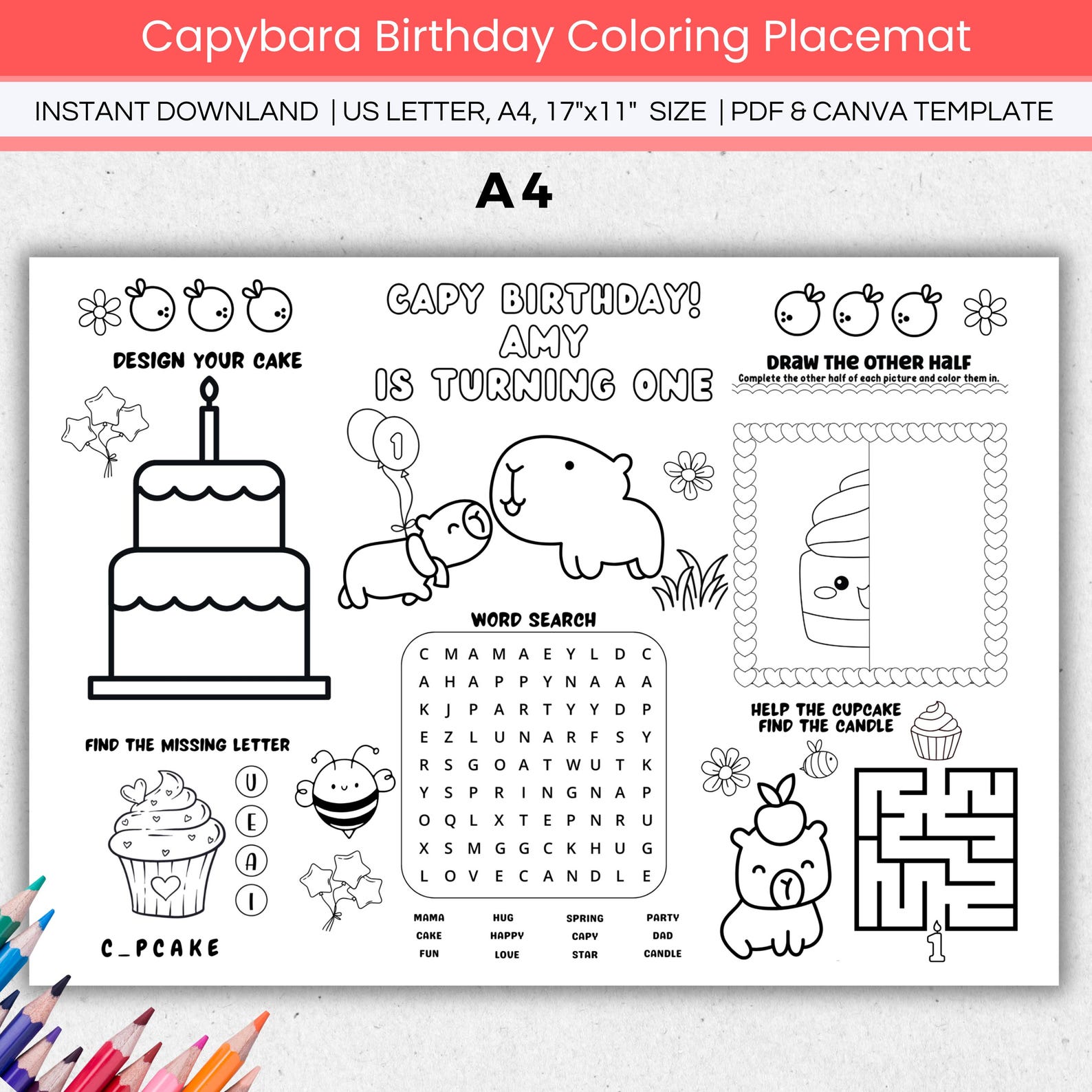 Capybara Birthday Party Coloring Page Activity Placemat Editable, Capy ...