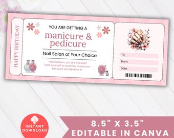 Birthday Manicure Pedicure Coupon Gift Certificate Editable, Mani Pedi Nail Salon Spa Day Printable Voucher Ticket, Girlfriend Wife Mom Gift
