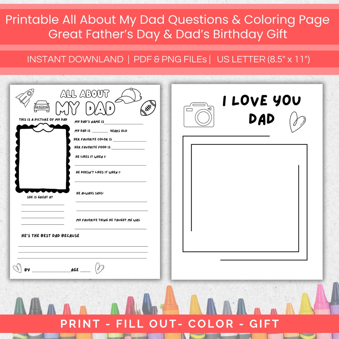 All About My Dad Questionnaire Coloring Page, Printable Father's Day ...