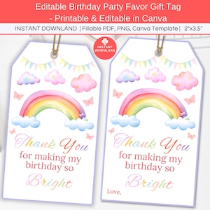 Pastel Rainbow Birthday Favor Tags, Classroom Birthday Favor Tag Editable, Printable Kids Party Thank You Making Birthday Bright Treat Tag