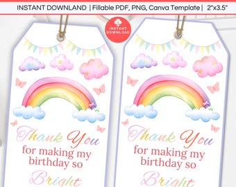 Pastel Rainbow Birthday Favor Tags, Classroom Birthday Favor Tag Editable, Printable Kids Party Thank You Making Birthday Bright Treat Tag