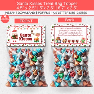 Santa Kisses Treat Bag Tag Topper Printable, Santa Kisses Label, Winter Holiday Christmas Classroom Party Favor Tag, Candy Chocolate Gift