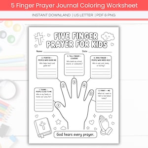 Op de afbeelding: Een zwart-wit kleurplaat genaamd Five Finger Prayer for Kids met een handomtrek in vijf genummerde secties, elk met gebedsvragen, een kruis, een bijbel, biddende handen en de tekst God hears every prayer.
