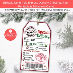 Plantilla de etiqueta de regalo de Navidad de entrega especial de correo urgente del Polo Norte editable, etiqueta de regalo imprimible de elfo de Papá Noel, regalo de Navidad para niños