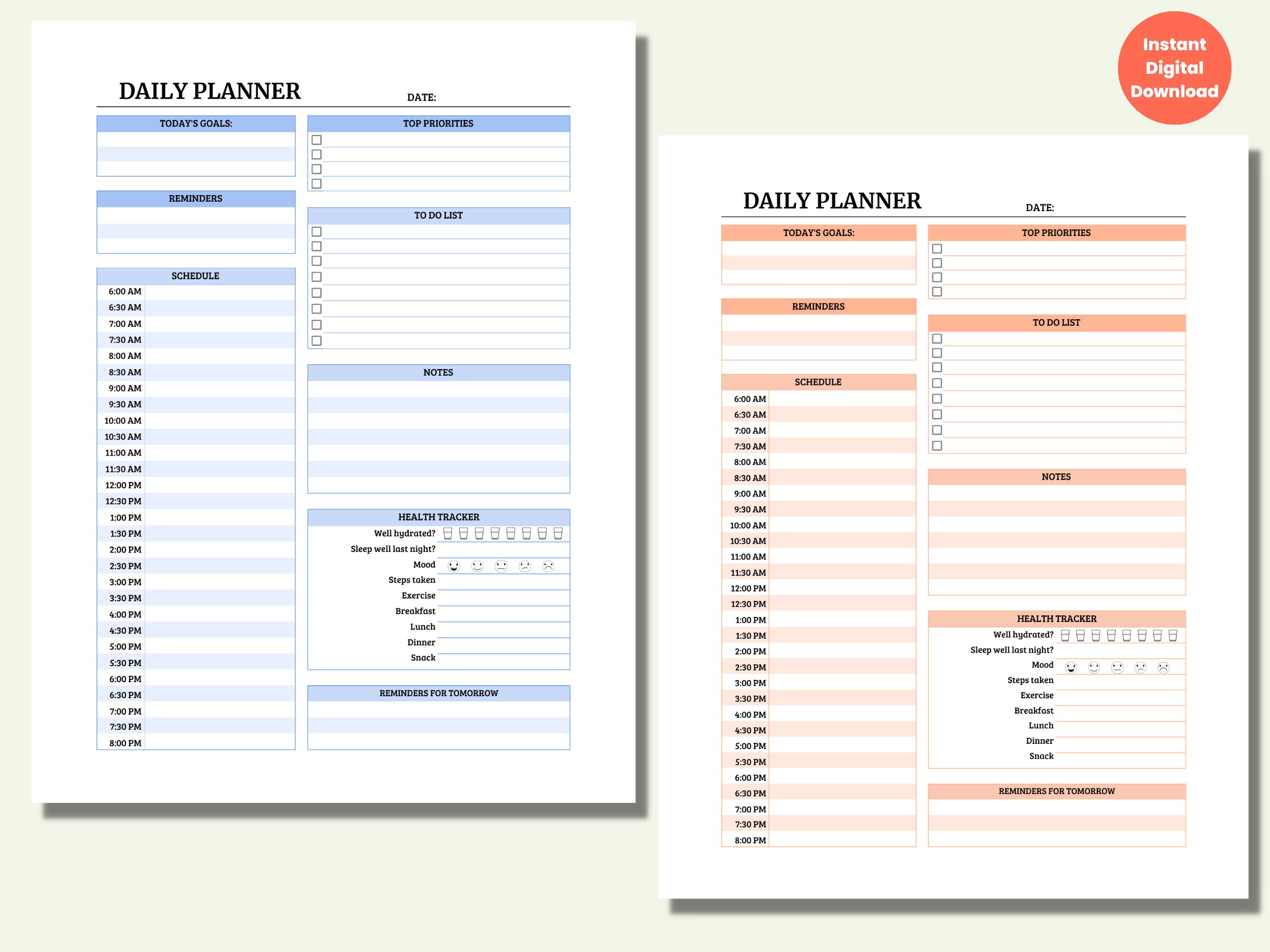 Daily Planner Printable in 7 Colors, Hourly Scheudle, to Do List, Water ...