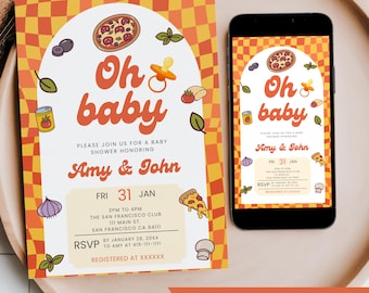 Oh Baby Pizza Baby Shower Invitation Editable, Groovy Pizza Pacifier Baby Shower, Retro Pizza Slice Mobile Phone Text Digital Party Invite
