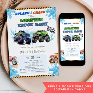 Monster Splash Birthday Invite, Editable Pool Party Invitation, Boy Summer Splash Pad Monster Truck Bash Digital Mobile Phone Text Invite