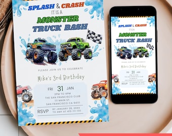 Invitación de cumpleaños Monster Splash, invitación editable para fiesta en la piscina, invitación digital para móvil con mensaje de texto para fiesta de Monster Truck en un parque acuático de verano para niños.