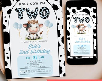 Holy Cow I'm Two Birthday Party Invitation, Editable Blue Cow Print Farm Animal Boy Turning 2 Year Old Digital Mobile Phone Text Invite