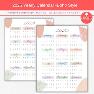 2025 Calendar, Single Page Yearly Calendar, Full Year Desk Calendar, Annual Calendar Printable, Boho Wall calendar, Sunday & Monday Start