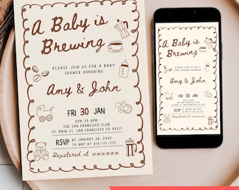 A Baby is Brewing Baby Shower Invitation Editable, Coffee Beans Hand Drawn Doodle Gender Neutral Mobile Phone Text Digital Party Invite