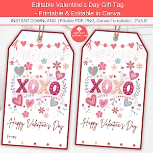 Étiquettes modifiables pour la Saint-Valentin xoxo, étiquette florale imprimable de la Saint-Valentin xoxo, carte xoxo de la Saint-Valentin, étiquette cadeau coeur xoxo, étiquette de cadeau pour la salle de classe