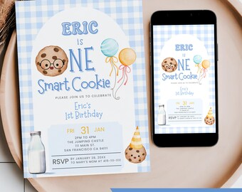 One Smart Cookie Birthday Boy Invitation, Editable Milk and Cookie Party, Blue Watercolor Gingham Turning 1 Party Mobile Phone Text Invite