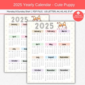 2025 Calendar, Single Page Yearly Calendar, Full Year Desk Calendar, Annual Calendar Printable, Cute Dog Wall calendar, Sunday Monday Start