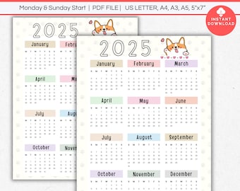 2025 Calendar, Single Page Yearly Calendar, Full Year Desk Calendar, Annual Calendar Printable, Cute Dog Wall calendar, Sunday Monday Start