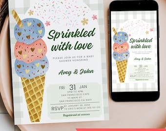 Sprinkled with Love Ice Cream Baby Shower Invitation, Editable Green Gingham Summer Party Baby Sprinkle Mobile Phone Text Digital Invite
