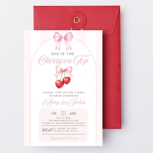 She is the Cherry on Top Baby Shower Invitation, Editable Pink Coquette Bow Theme Girl Baby Shower Mobile Phone Text Digital Party Invite