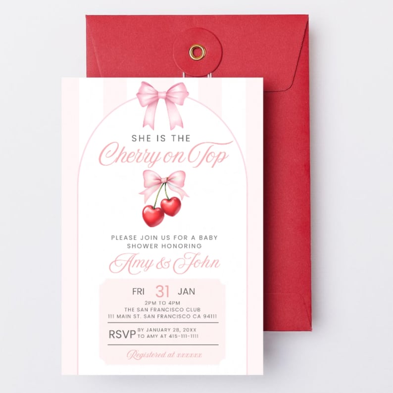She is the Cherry on Top Baby Shower Invitation, Editable Pink Coquette Bow Theme Girl Baby Shower Mobile Phone Text Digital Party Invite