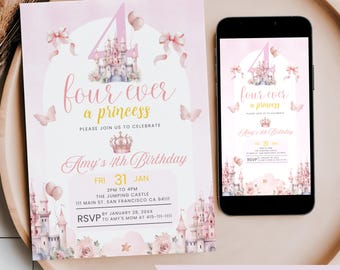 Four Ever A Princess Birthday Invitation, Editable 4th Birthday Invite, Magical Princess 4 Year Old Party Watercolor Pink Bow Mobile Invite