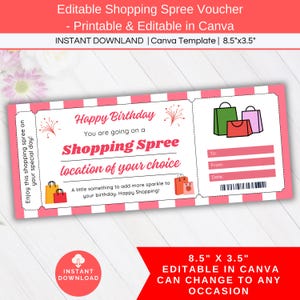 Einkaufssturm-Geburtstagsgutschein, bearbeitbare Einkaufsreise-Geschenkgutschein-Gutschein-Gutschein-Gutschein-Gutschein-Voucher, Überraschungs-Einkaufstag-Out-Shirt-Vorlage, Geschenk für Sie