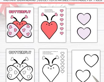 Build a Butterfly Cut and Paste Valentines Day Craft Printable, Kid Scissor Practice Class Activity, Kindergarten Coloring, Fine Motor Skill