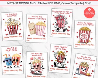 Popcorn Valentines Day Card Editable, Printable Groovy Poppin Valentine Tag, School Classroom Student Kid Classmate Non Candy Gift Tag Label