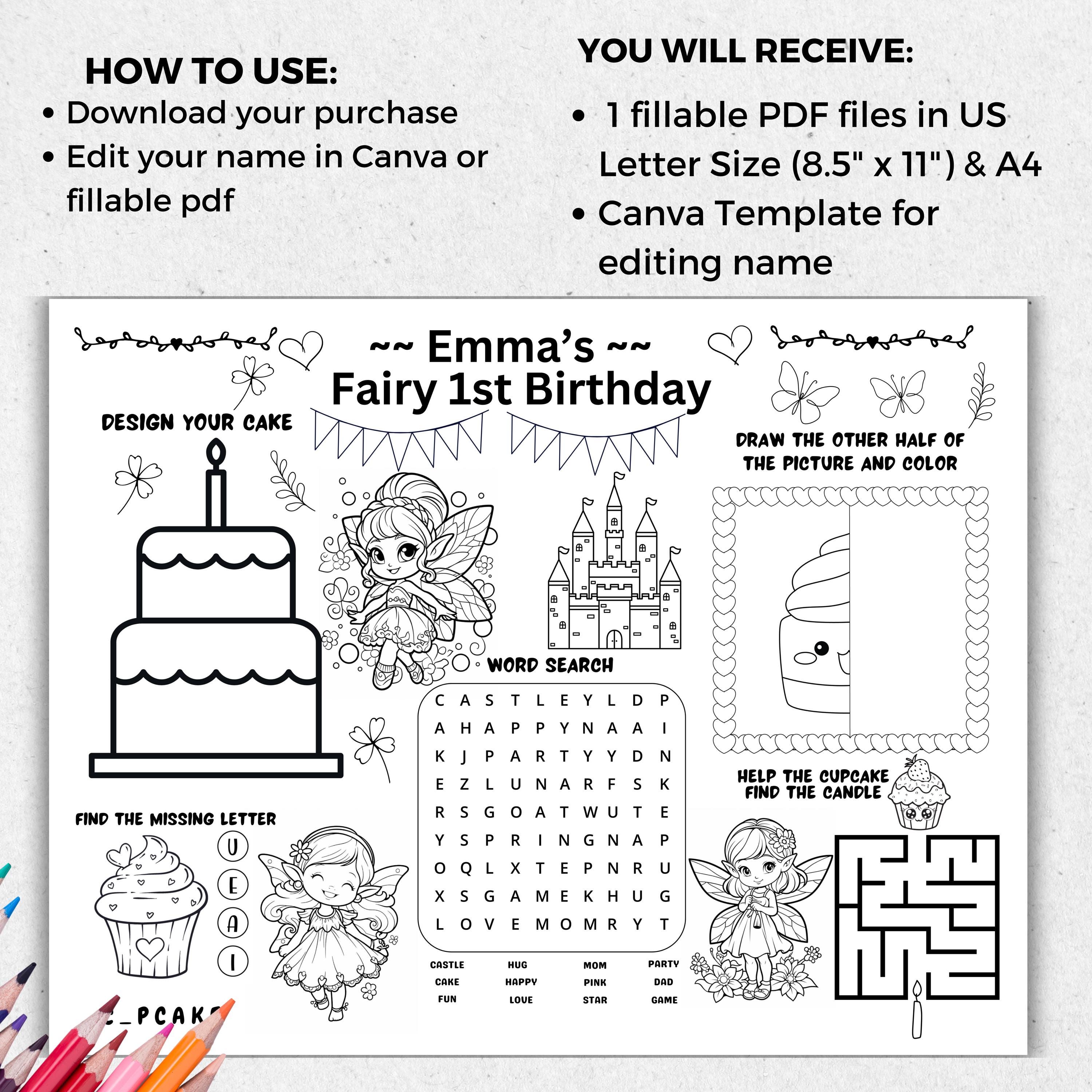 Fairy Birthday Party Activity Placemat Coloring Sheet Editable ...