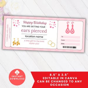 Ohr Piercing Geburtstag Coupon Geschenkgutschein bearbeitbar, Ohren durchbohrt Coupon Gutschein Ticket, Freundin Tochter Tween Mädchen Überraschungsgeschenk