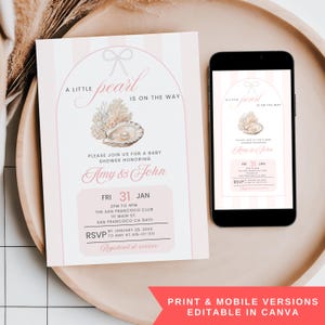 Convite para chá de bebê &quot;Uma pequena pérola está a caminho&quot;, editável, listra rosa, oceano subaquático, texto para celular, convite digital para festa